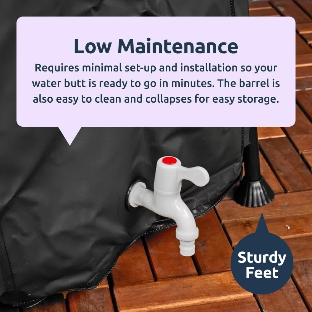 500L Collapsible Garden Water Butt with Tap, Lid & Hose Connector – Black