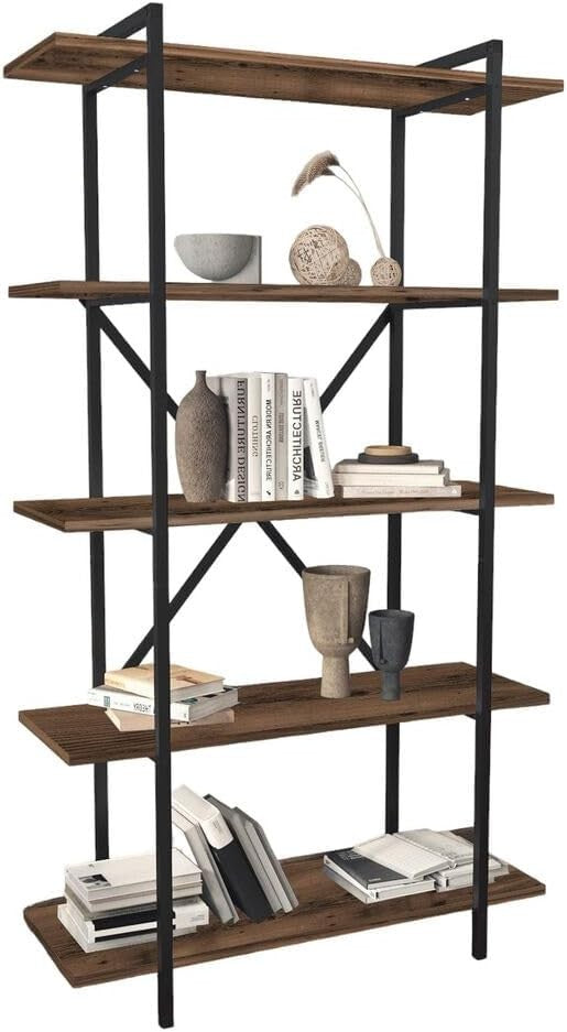 5-Tier Industrial Wood & Metal Bookshelf – Rustic Display Unit for Home Office