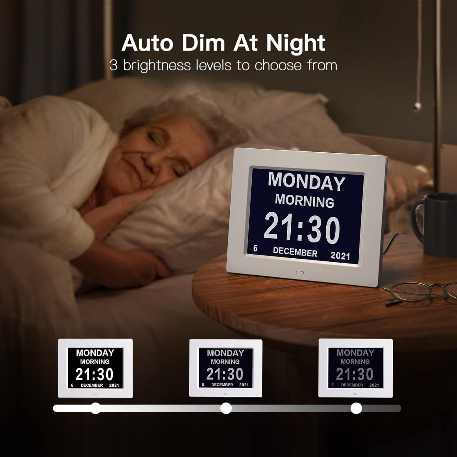 8” Dementia Digital Alarm Clock Large Day Date Auto Dimming Temp Humidity