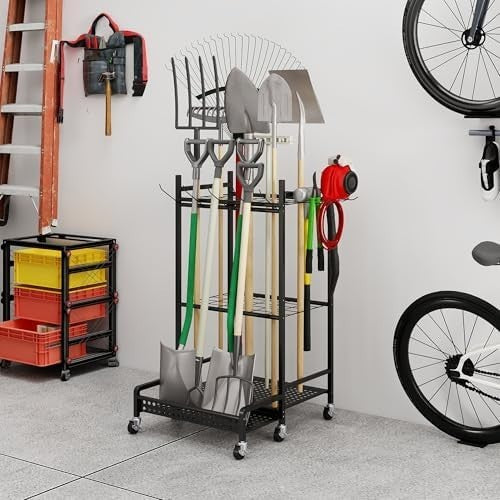 3-Tier Rolling Garden Tool Tower 30 Slots 9 Hooks Heavy Duty Storage Rack