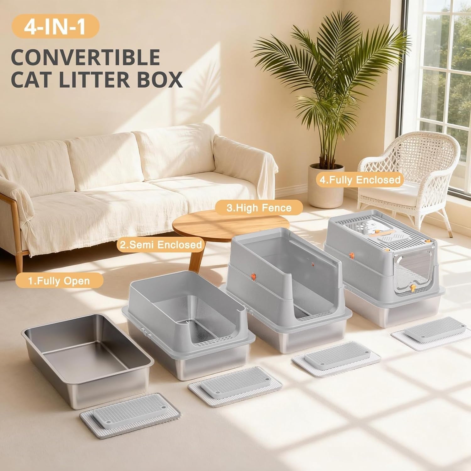 XL Stainless Steel Cat Litter Box Front Top Entry High Sided Grey