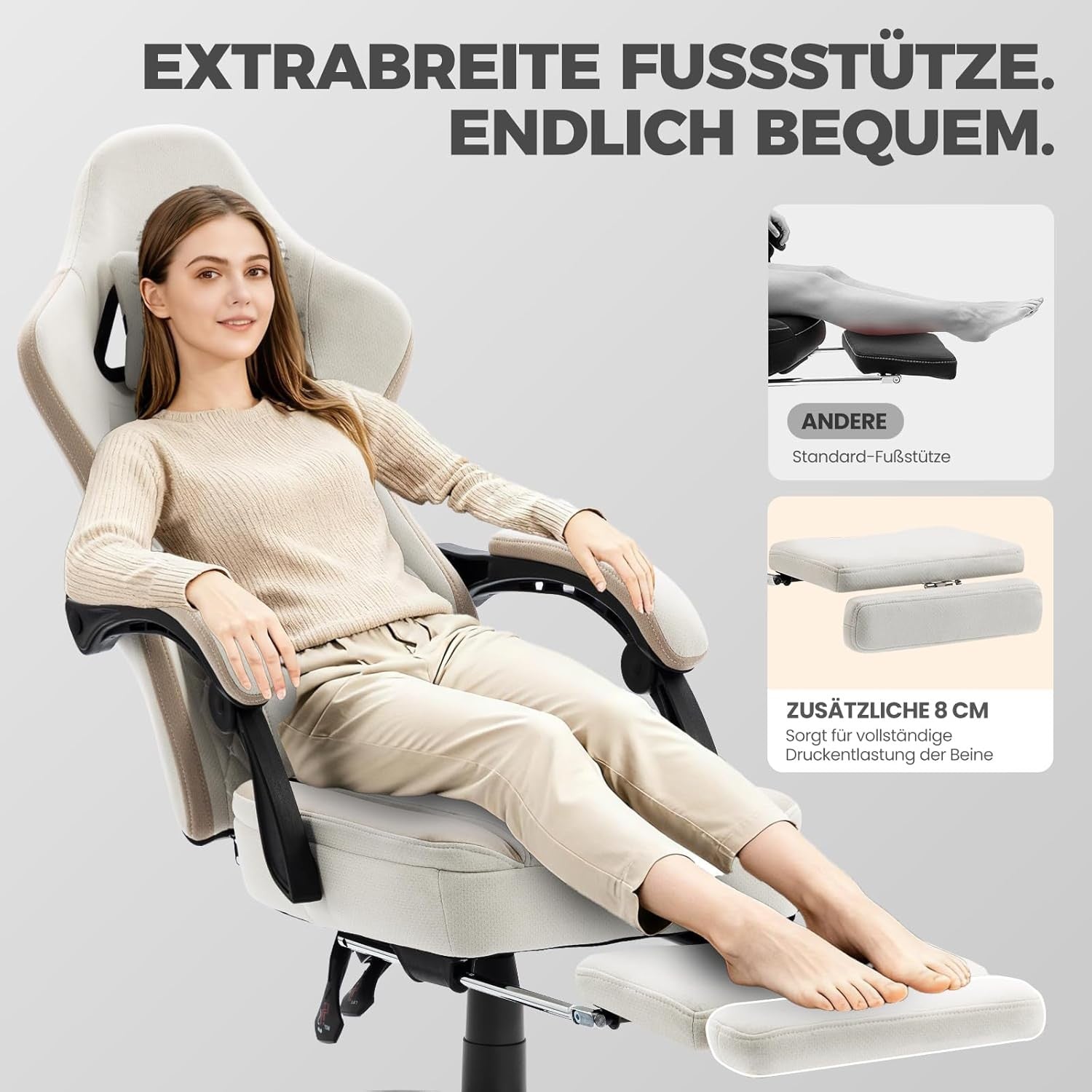Massage Gaming Chair Fabric Recliner w/ Footrest 150kg Beige