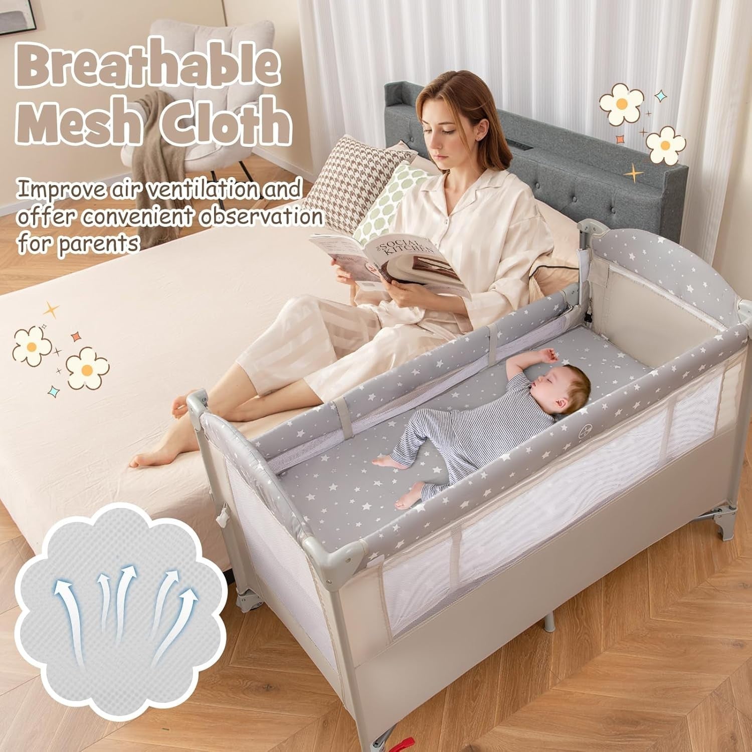 5in1 Baby Travel Cot Bedside Crib Bassinet w/ Mattress Changer Music Toys Beige