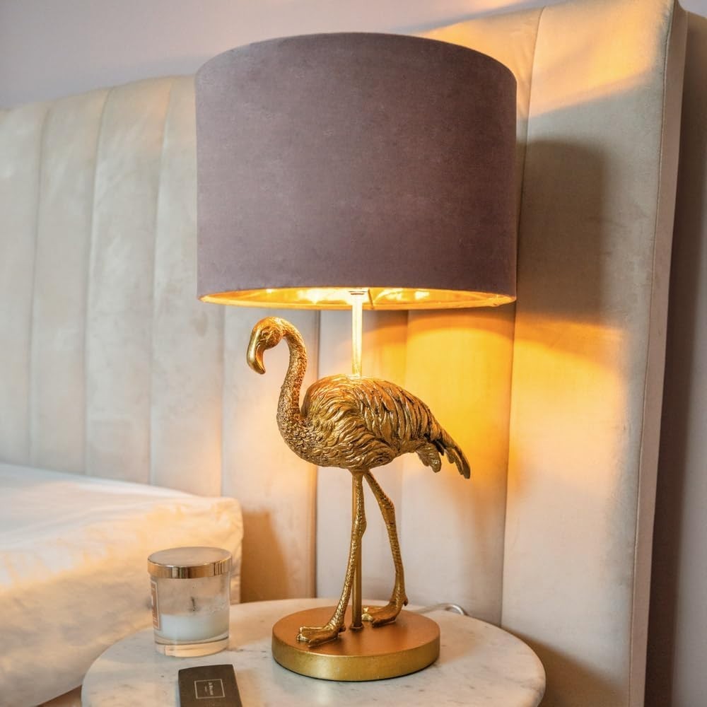 Brass Flamingo Table Lamp with Pink Drum Shade | Stylish 56cm Desk Light