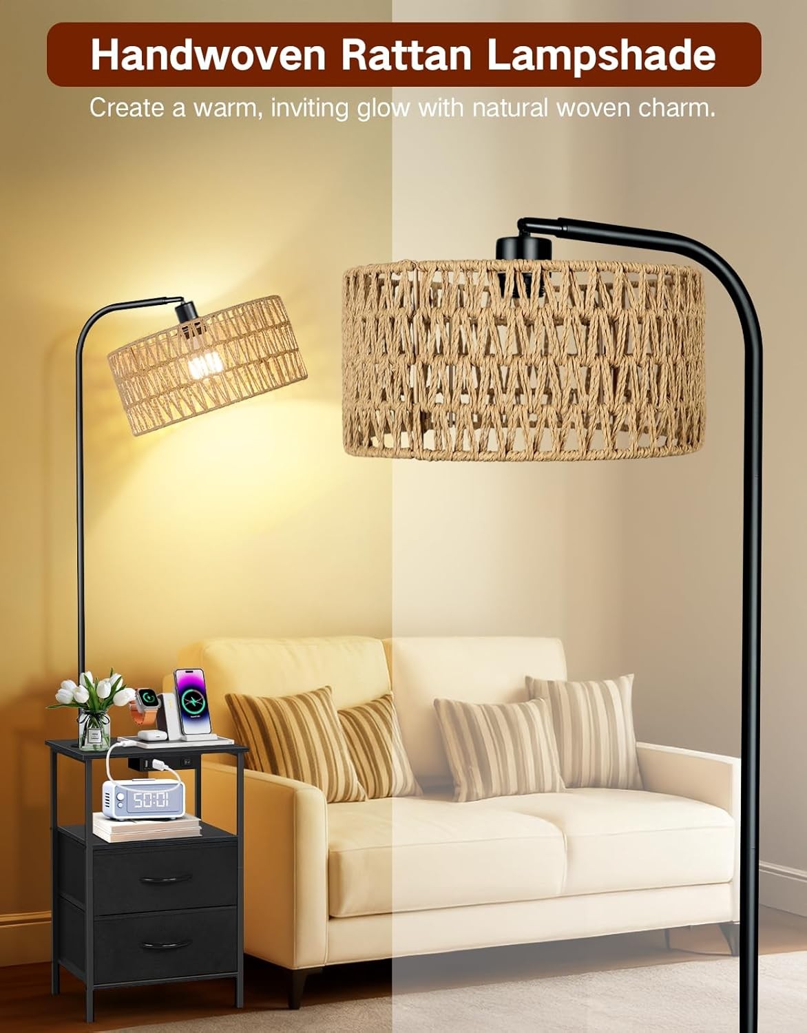 Floor Lamp with Table Drawers Rattan Shade Dimmable LED Charging Station
