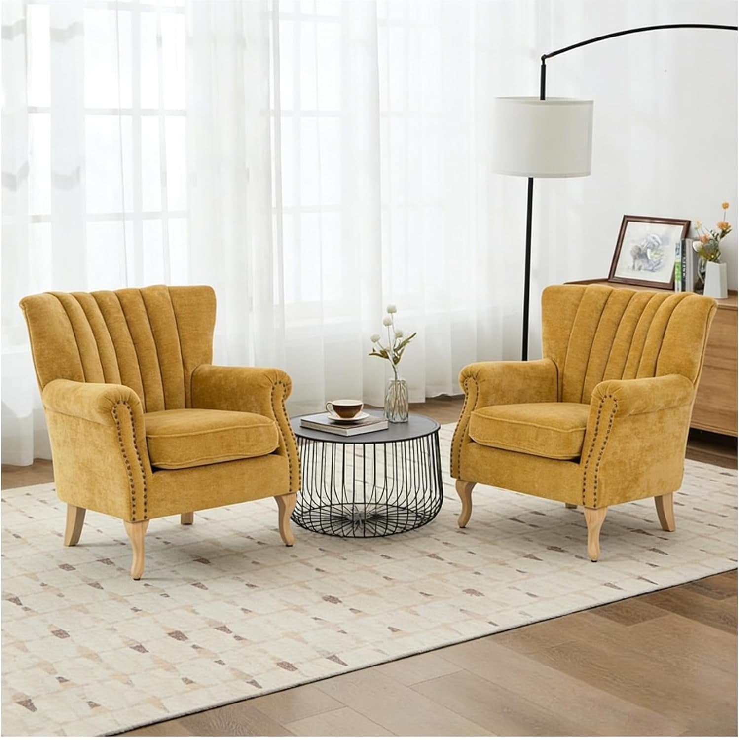 Yellow Chenille Wingback Accent Chair Fireside Armchair Wood Legs