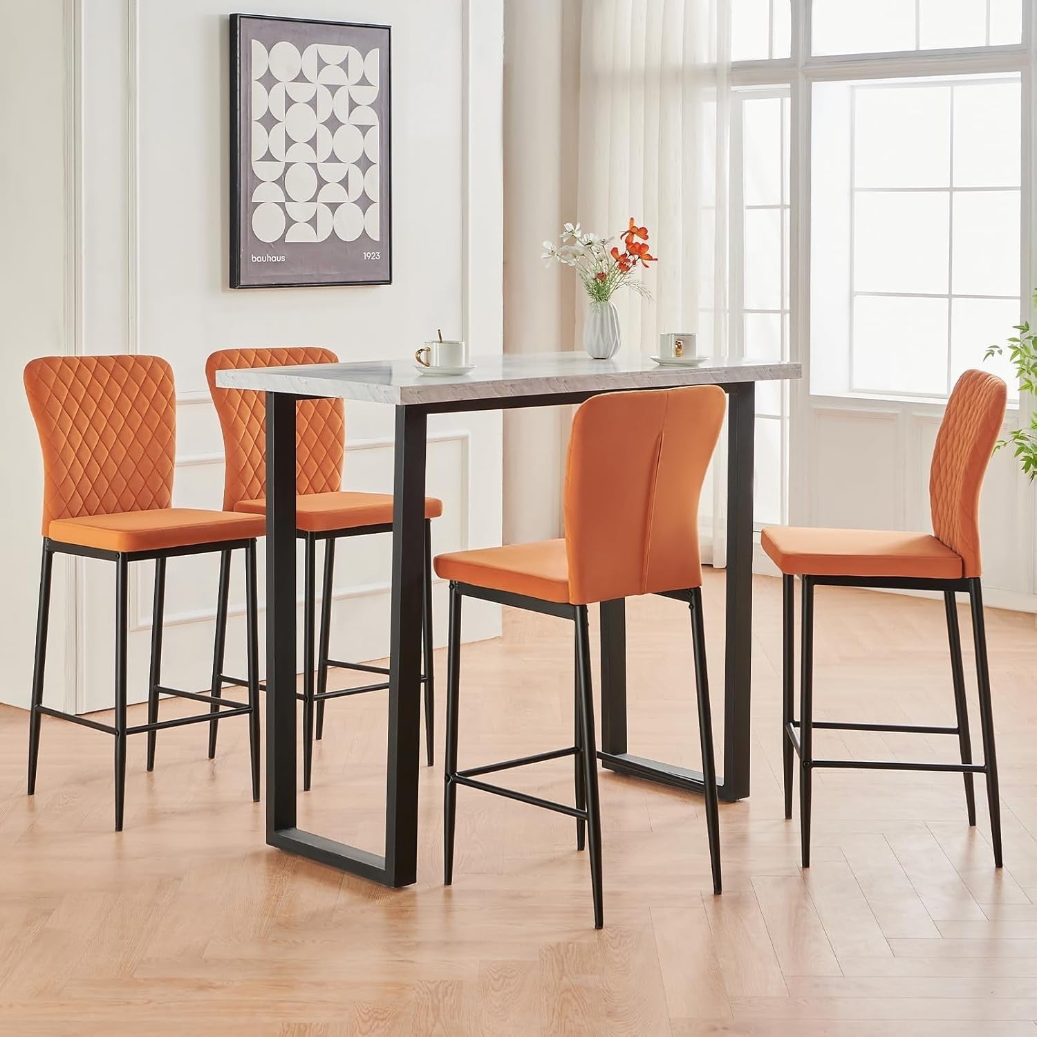 Orange Velvet Bar Stool Set 4 – High Counter Kitchen Island Chairs