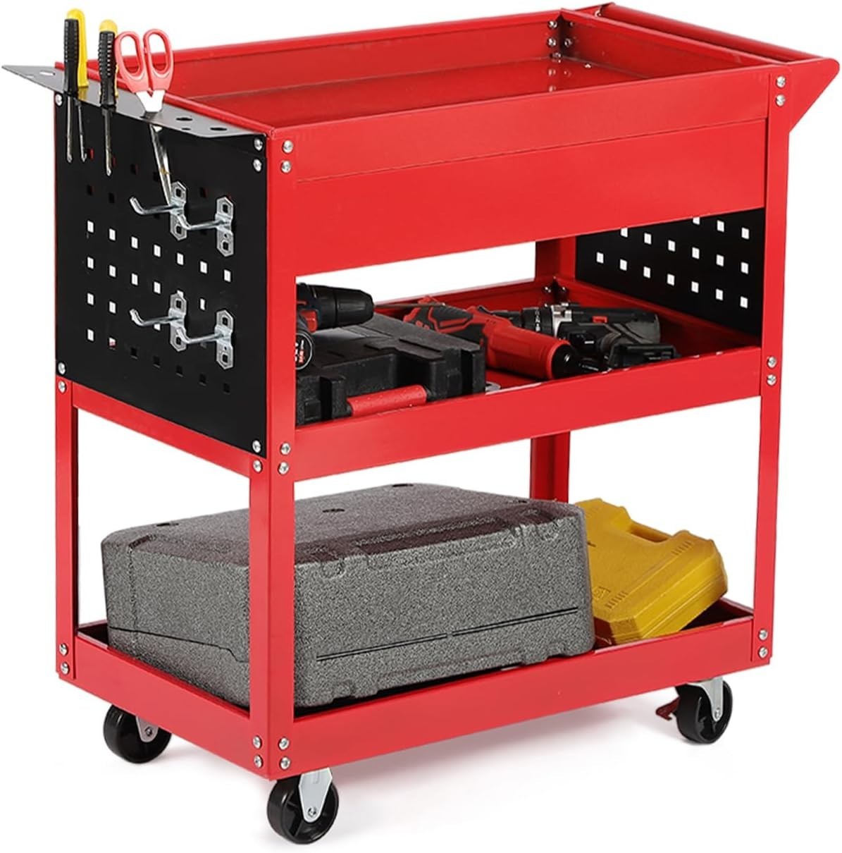 Heavy Duty Red 3-Tier Garage Tool Storage Trolley w/ Locking Wheels 35x82x76cm