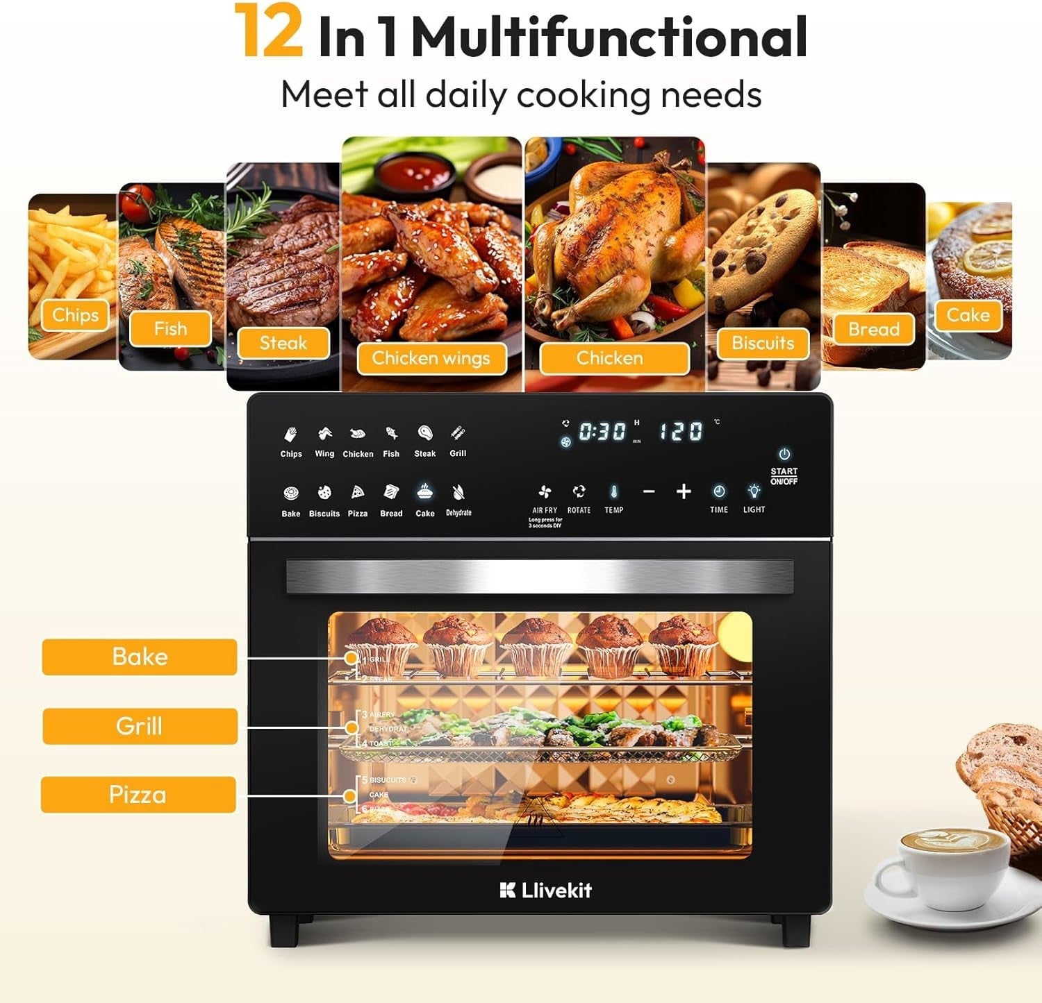 26L Air Fryer Oven Rotisserie Touchscreen 12 Presets 1700W Low Fat XXL