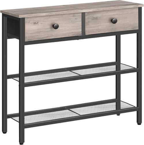 Slim Console Table with 2 Drawers, Storage Shelves, Adjustable Feet, Industrial
