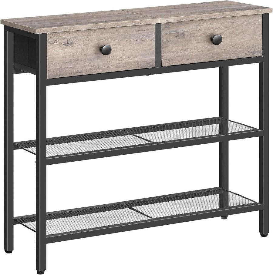 Slim Console Table with 2 Drawers, Storage Shelves, Adjustable Feet, Industrial