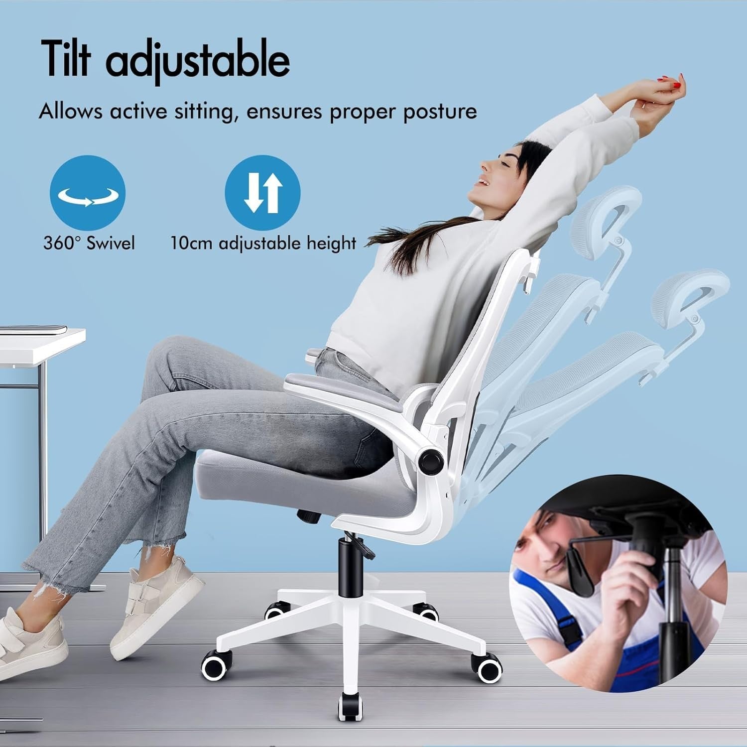 Ergonomic Office Chair Desk Computer Seat Mesh Back Flip-Up Arms Lumbar Grey