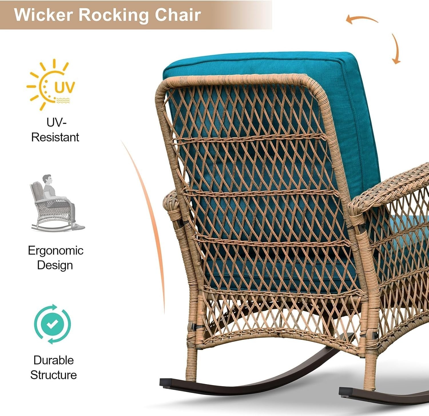 2 Seat Rattan Rocking Bistro Set w/ Table & Turquoise Cushions for Patio