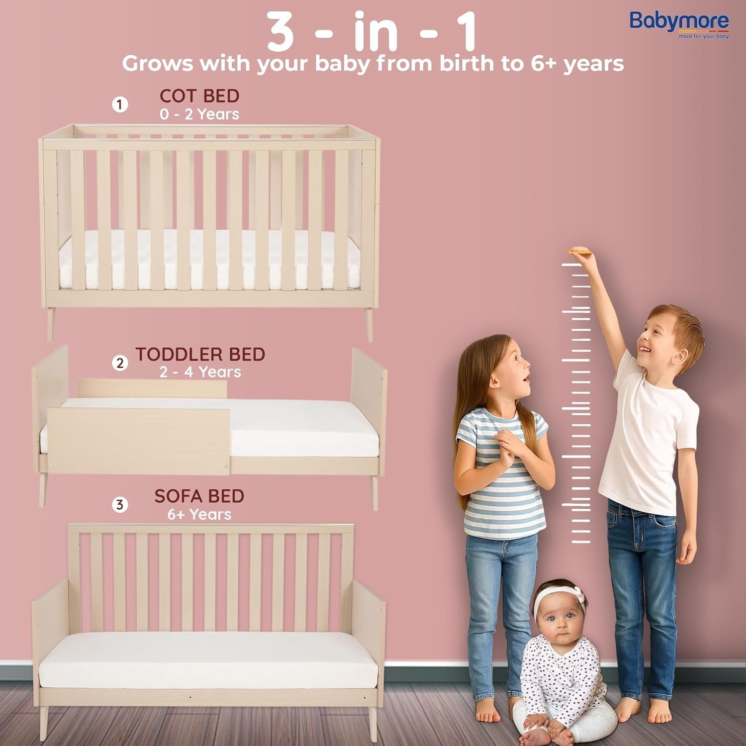 Convertible Mini Toddler Bed Baby Cot Bed and Sofa Adjustable Mattress Height