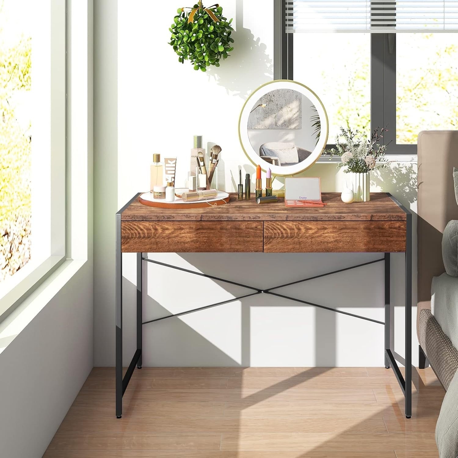Rustic Brown Computer Desk with 2 Drawers & Metal Frame