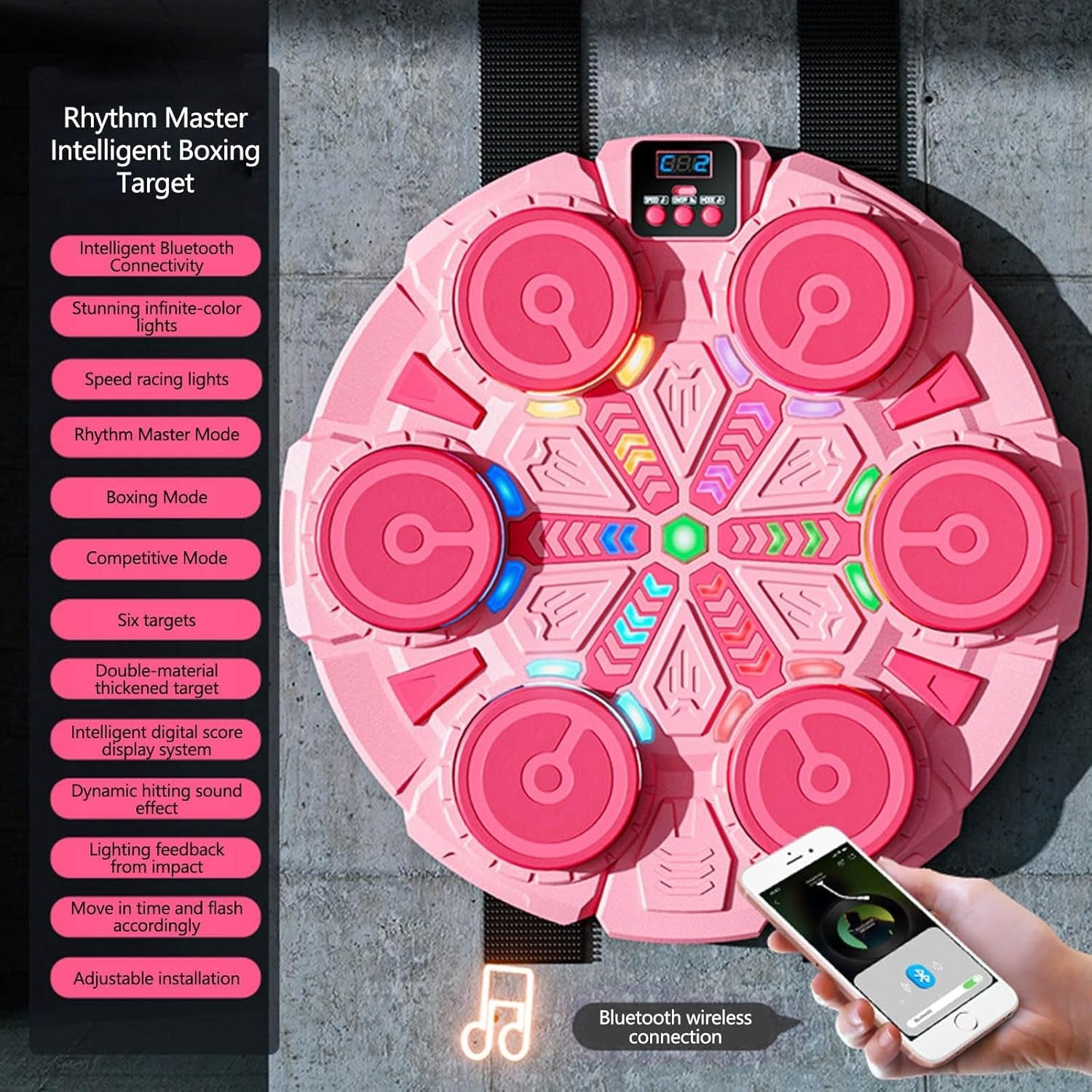 Music Boxing Machine Pink RGB LED Wall Punch Trainer 15 Modes Gloves