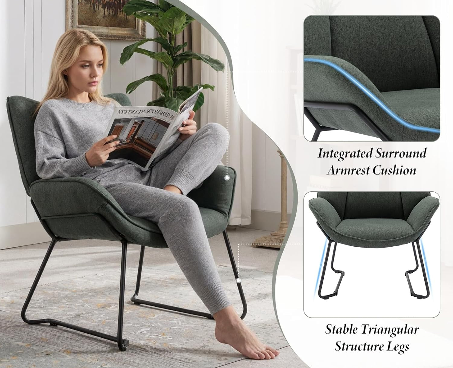 Green Linen Accent Tub Chair Metal Legs Modern Armchair
