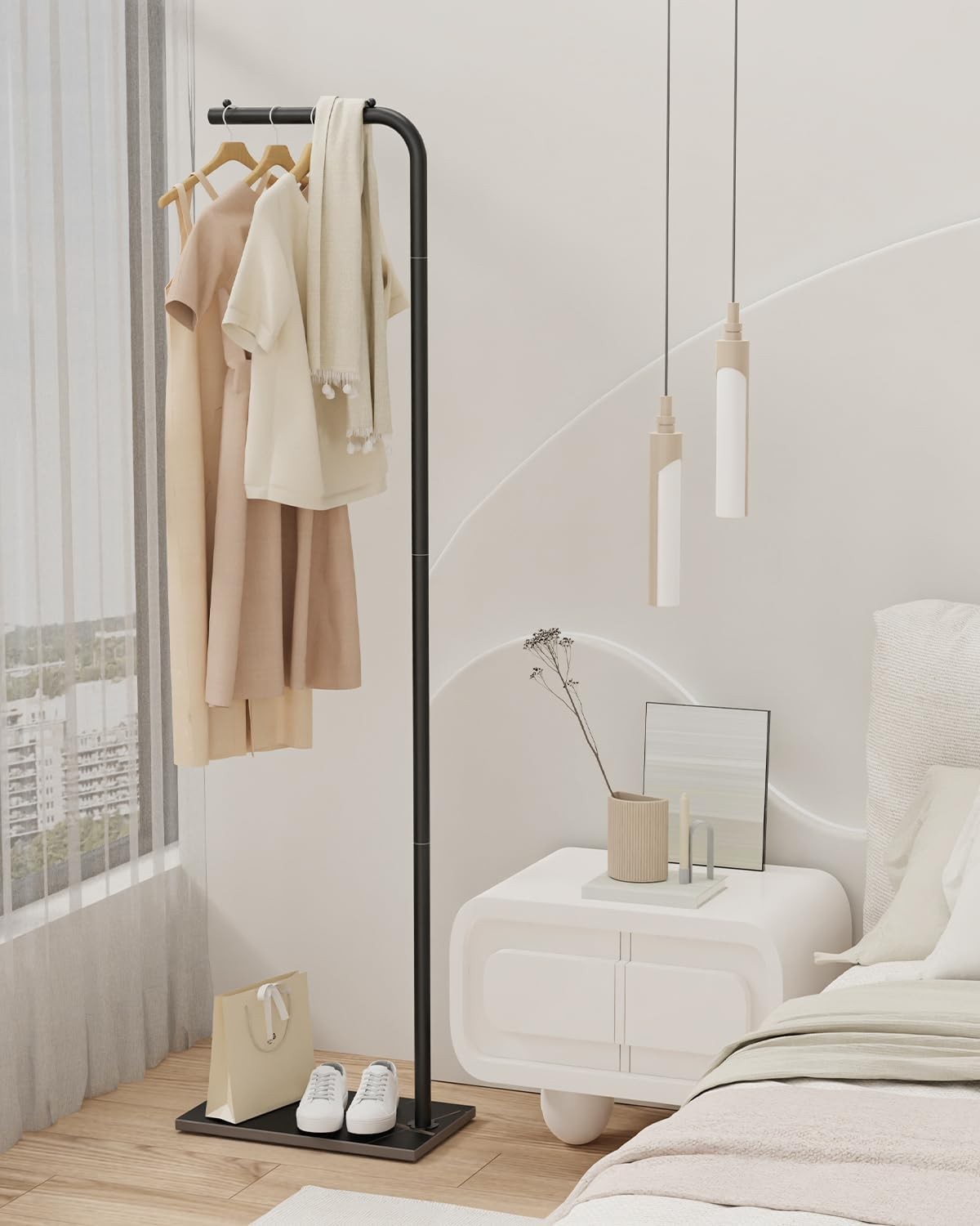 Black Metal L-Shape Coat Rack | Freestanding Clothes Stand 180cm Hall Organizer