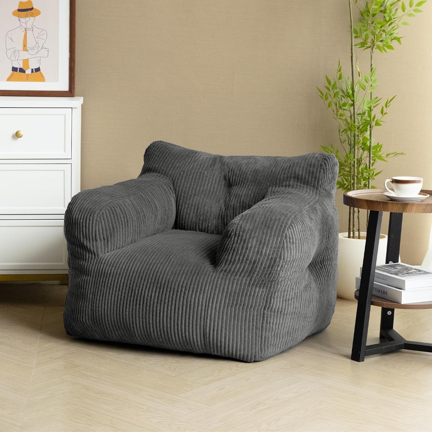 Grey Corduroy Bean Bag Chair – Comfy Seat w/ Handle for Adults 70x80cm
