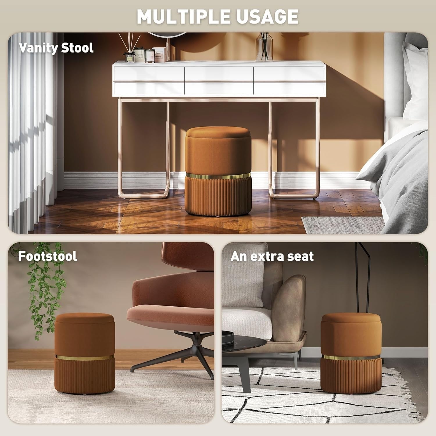 Light Brown Velvet Storage Stool Round Ottoman Padded Seat Vanity Footrest