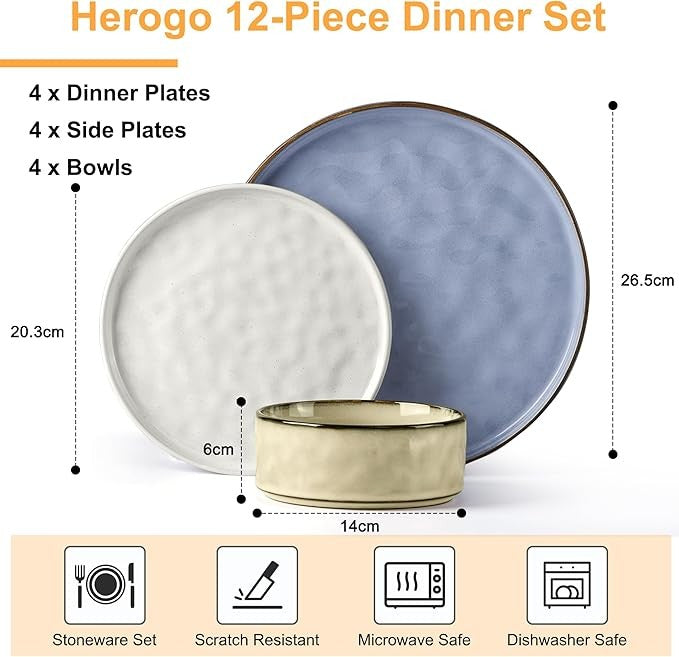 12 Piece Multicolor Stoneware Dinner Set for 4 Reactive Glaze Plates Bowls
