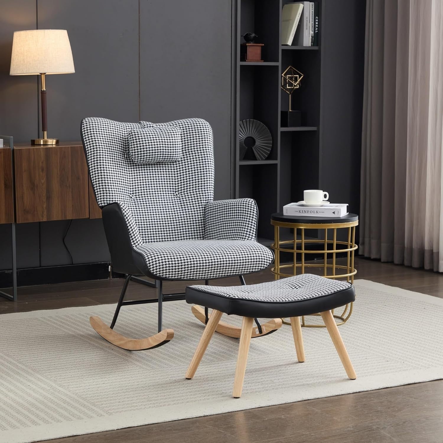 Modern Rocking Chair w/ Footstool, High Back, Side Pocket, Foam Seat