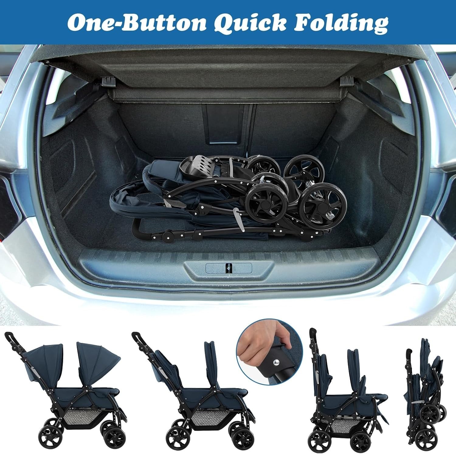 Twin Tandem Baby Stroller Navy Foldable Double Seat 5-Point Harness Sunshade