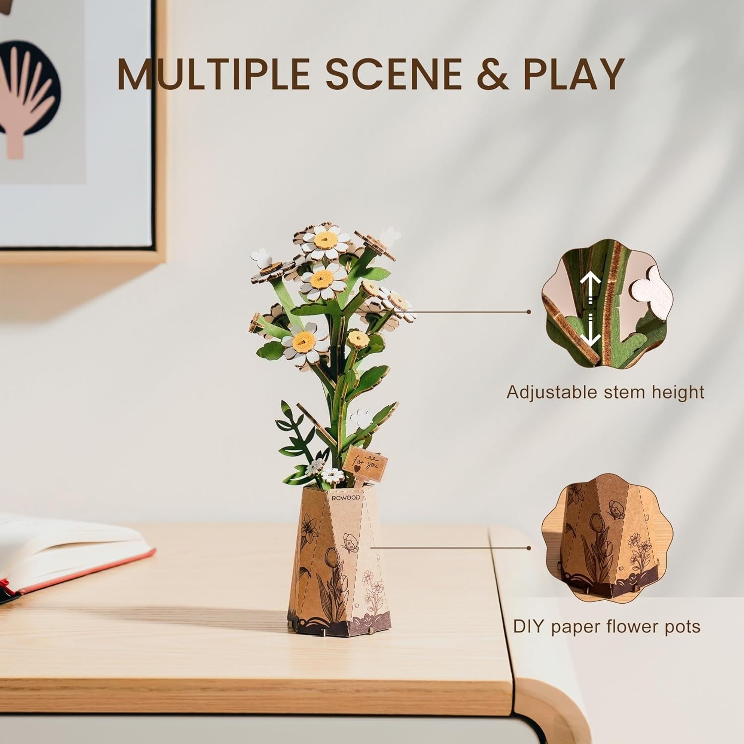 3D Wooden Flower Puzzle DIY Kit - Handmade Floral Model for Home Decor