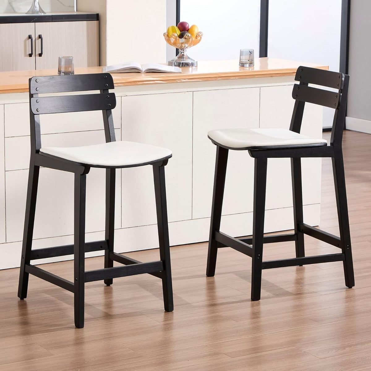 Wood Bar Stools Set of 2 Black PU Leather Vintage Counter Chairs