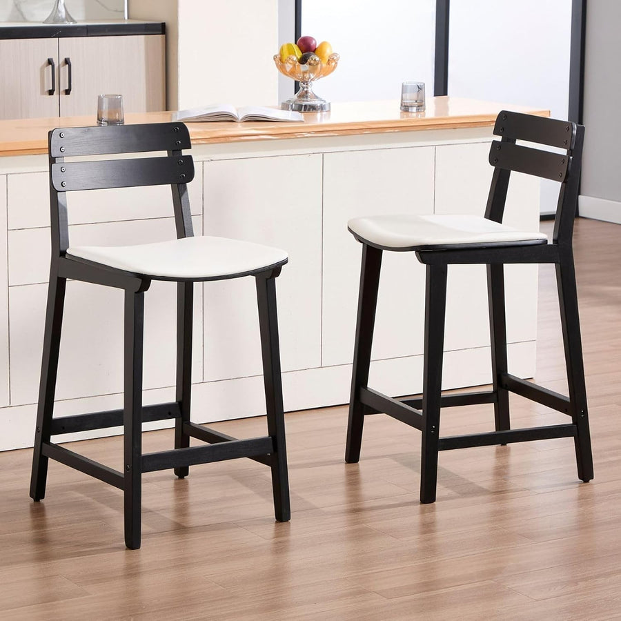 Wood Bar Stools Set of 2 Black PU Leather Vintage Counter Chairs