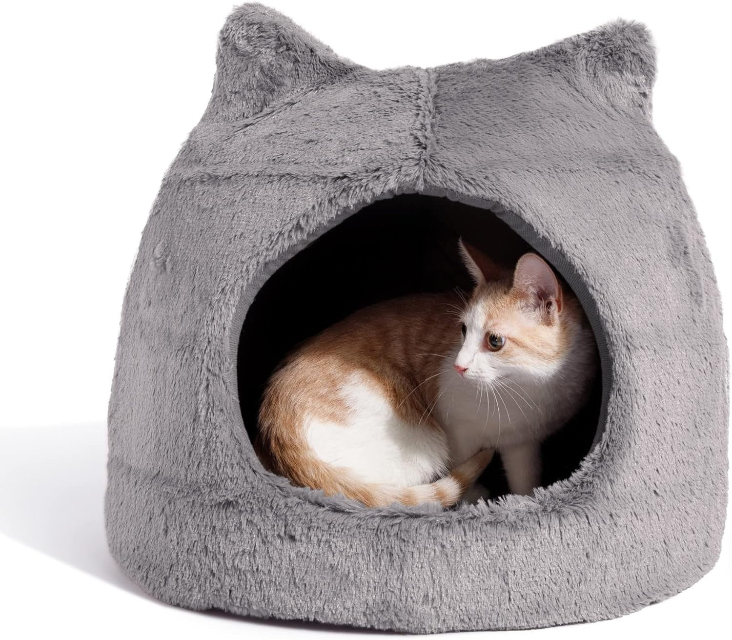 Fur Cover Cat Cave Bed Dome Pet Igloo Washable Cozy Hideaway Gray