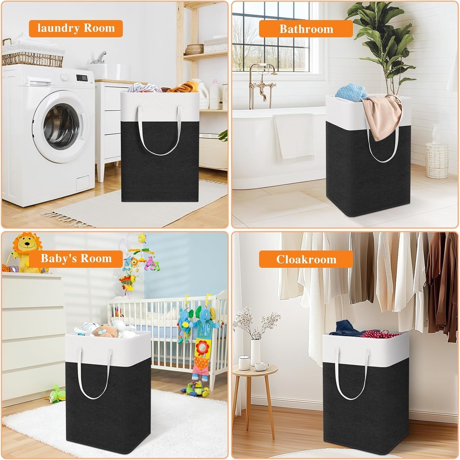 3 Pack 75L Large Laundry Hampers Foldable Clothes Baskets with Handles Black