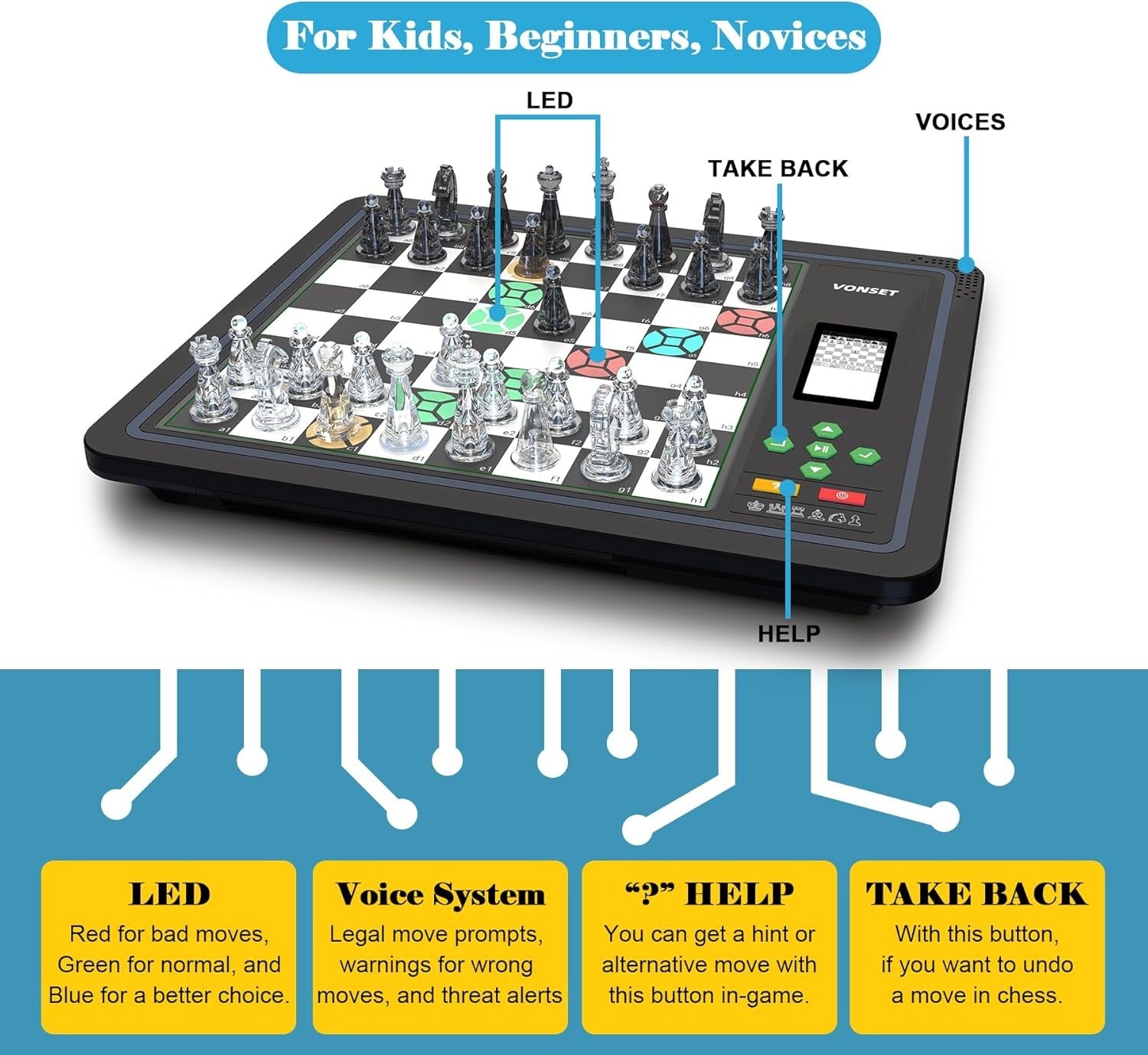 Electronic Chess Set w/ LED Lights & Display, Magnetic Computer Board