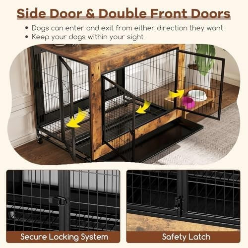 Indoor Wooden Dog Crate on Wheels with Pull-Out Tray & 3 Doors, Small/Medium