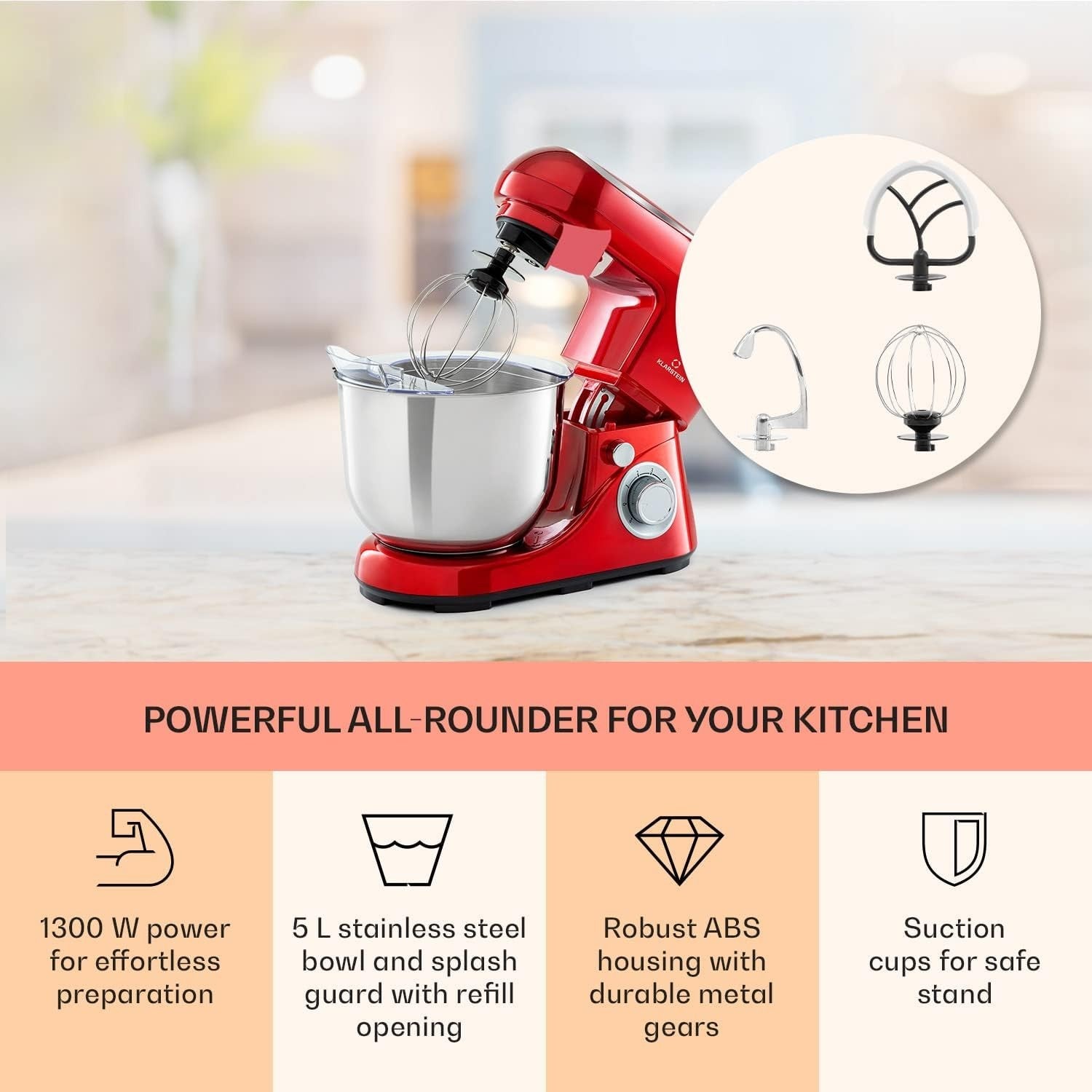 5L Red Stand Mixer 1200W 6-Speed Planetary Dough & Cake Mixer