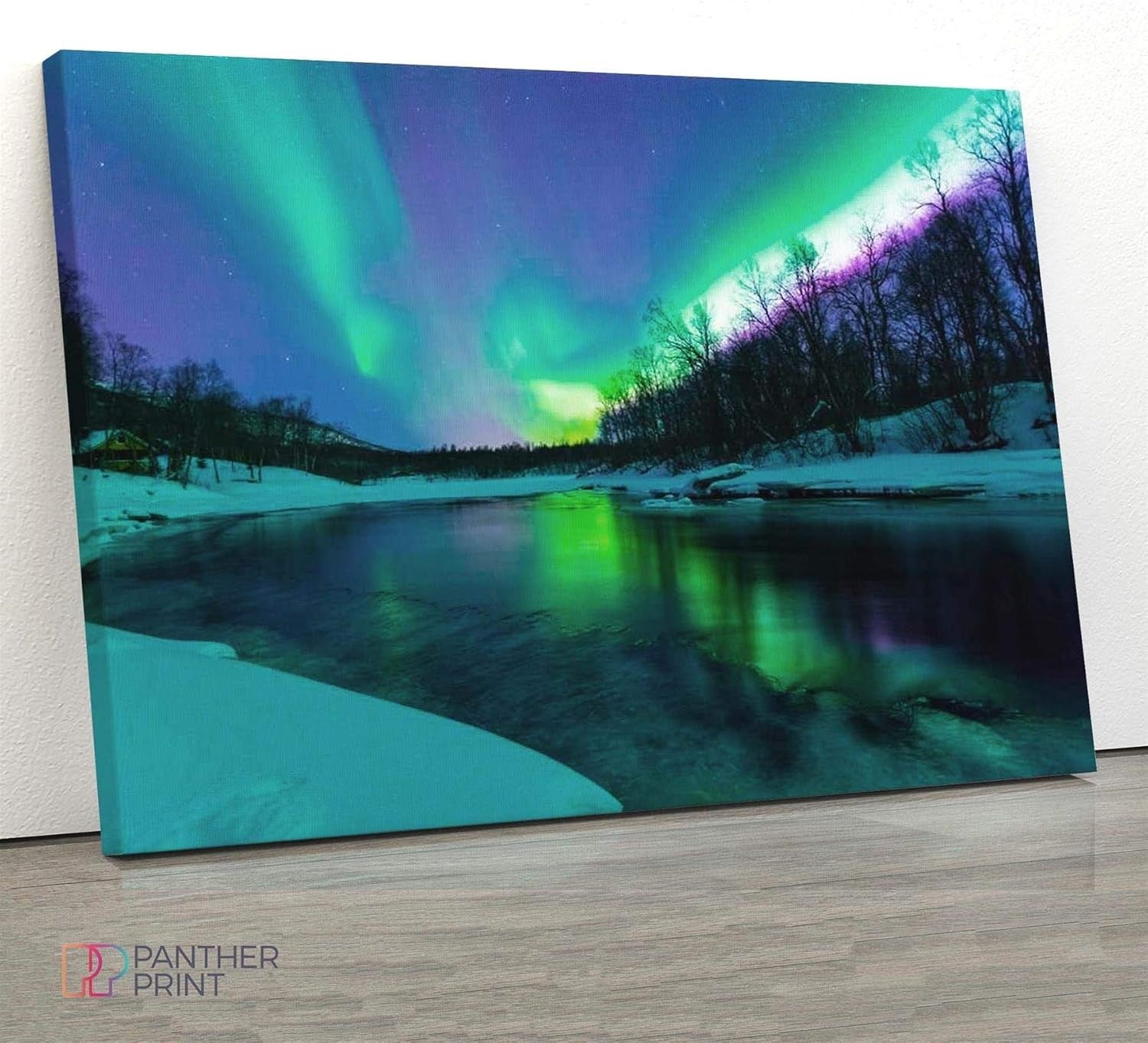 Panther Canvas Wall Art 18x12in Northern Lights Aurora Borealis Framed
