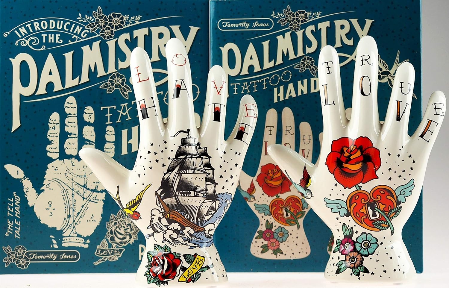 Tattoo Palmistry Hand Ornaments Set of 2 | Love Hate Ceramic Decor Gift