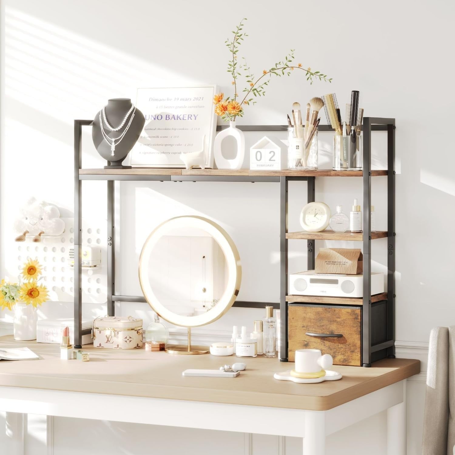Rustic Brown Desk Hutch Shelf 41.3" 3-Tier Desktop Organizer with Drawer