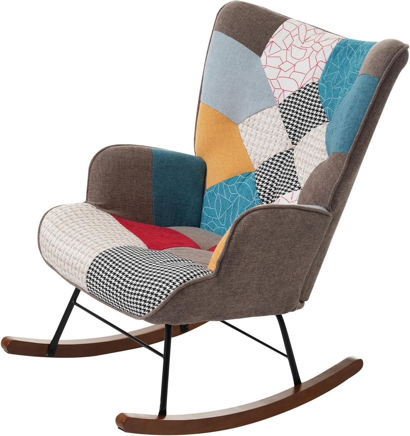Modern Rocking Chair w/ Footstool, Patchwork, Foam Seat, Iron + Wood Base