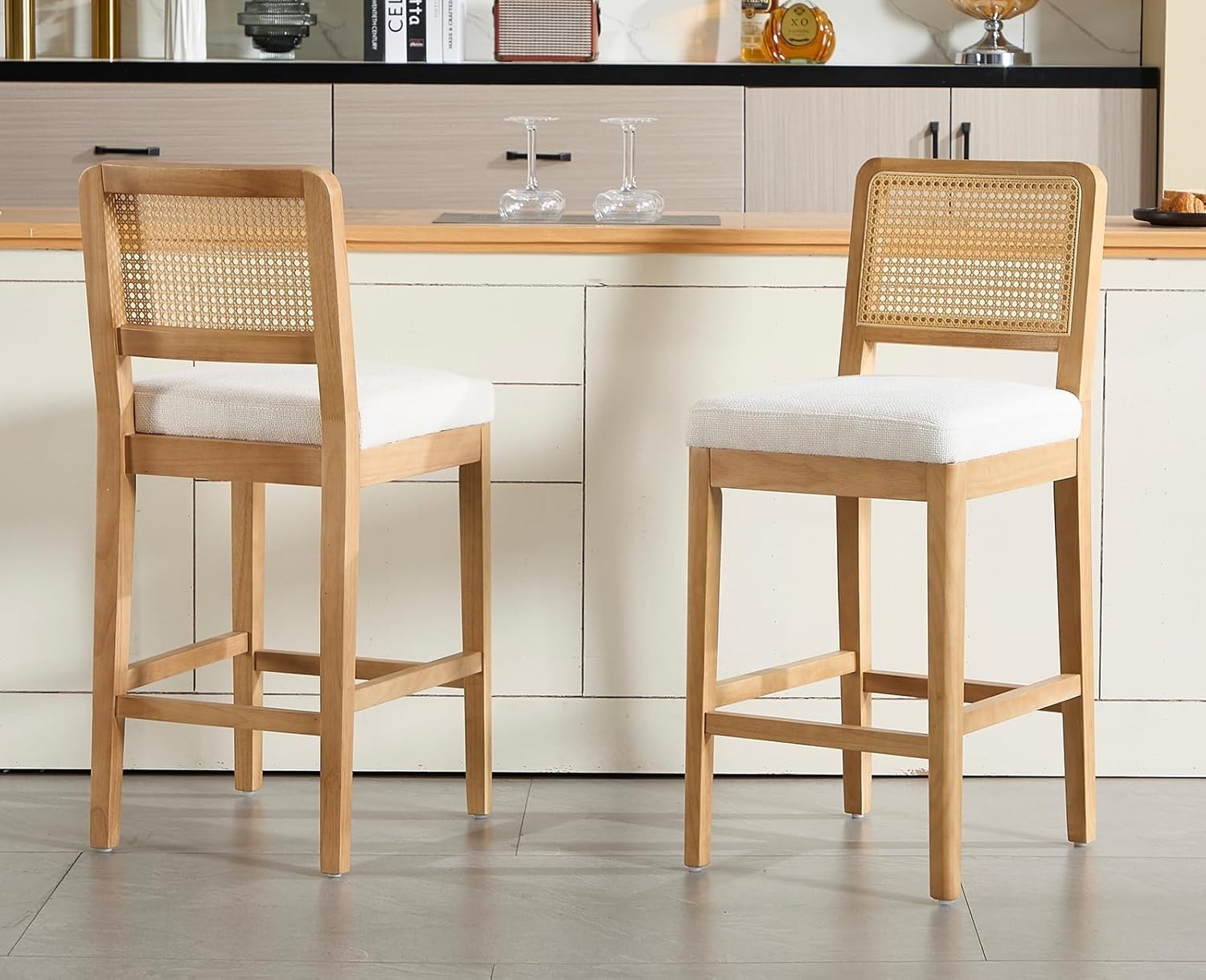 White Rattan Bar Stools Set of 2 Chenille Cushioned Counter Chairs Wood