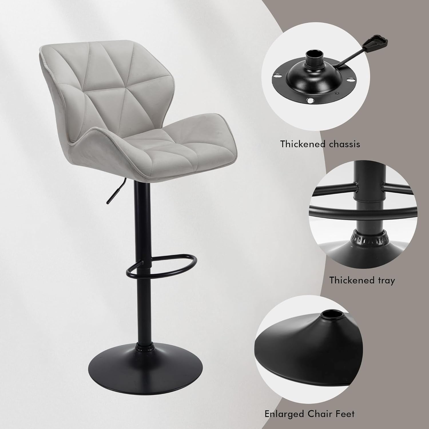 Velvet Grey Bar Stools Set of 2 – Adjustable Swivel Kitchen Chairs