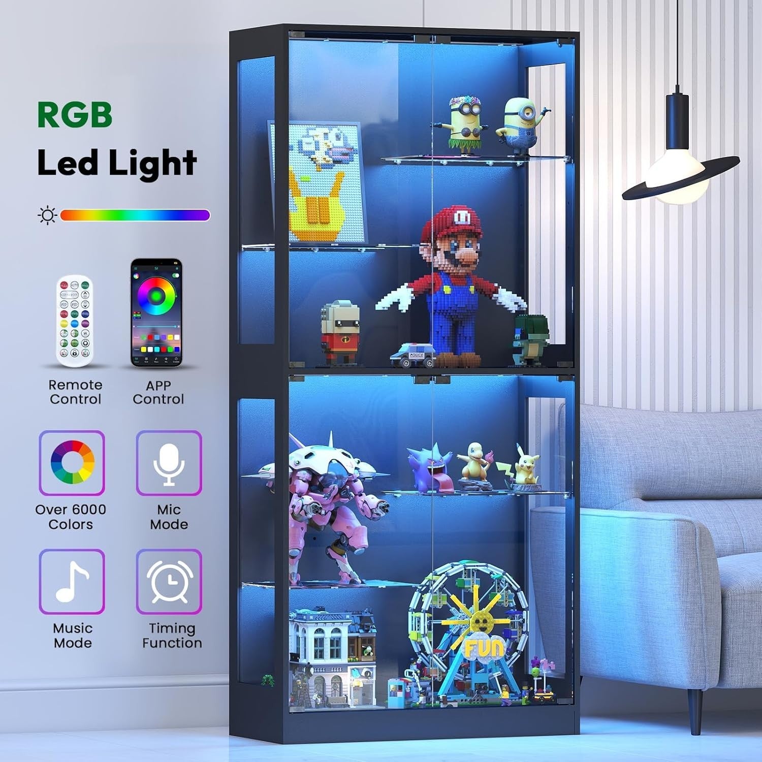 Glass Display Cabinet with RGB LED Lights Adjustable Shelves & Magnetic Doors