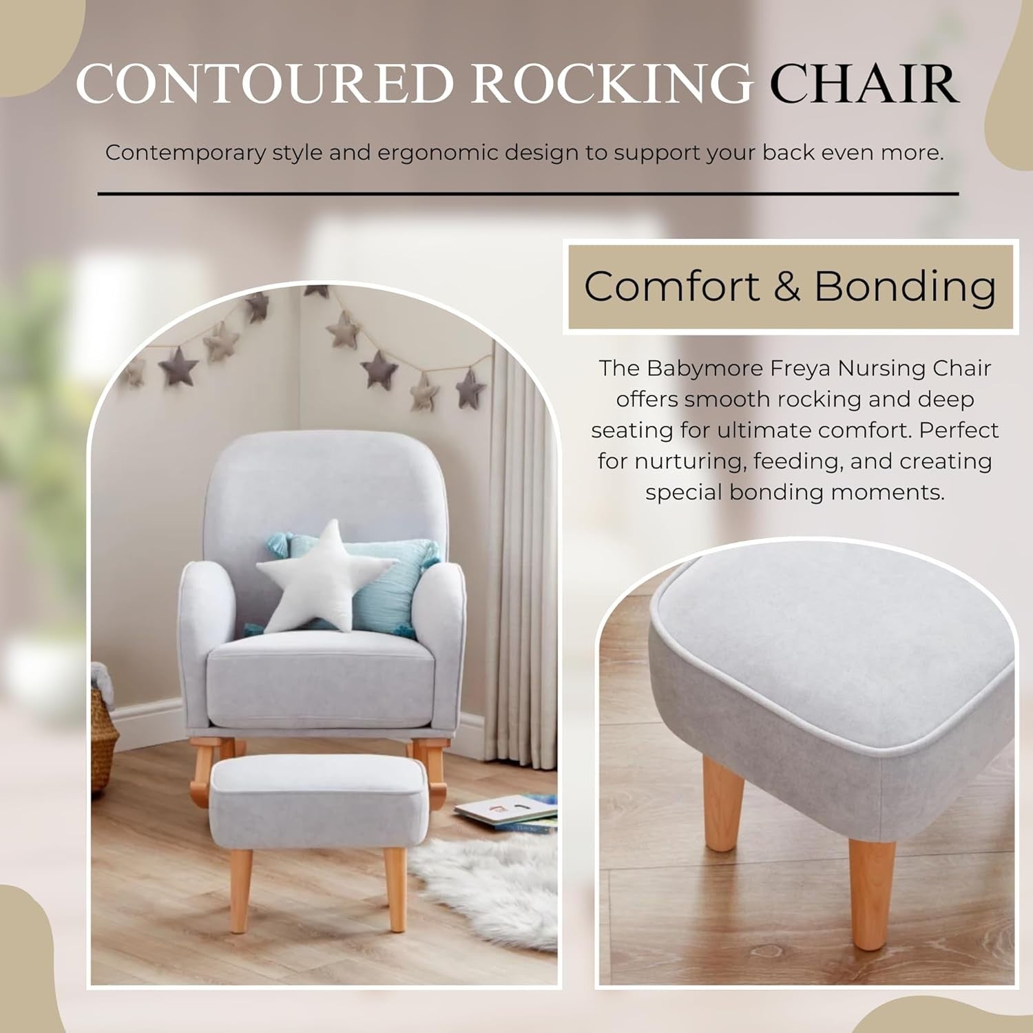 Nursing Rocking Chair & Footstool Grey | Soft Fabric, Wood Base, Comfy