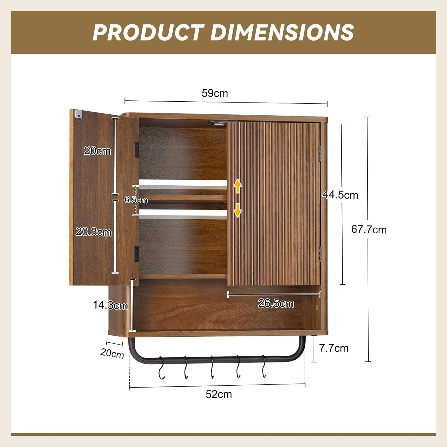 Deep Kitchen & Bathroom Wall Cabinet with Adjustable Shelves & Hooks, Walnut
