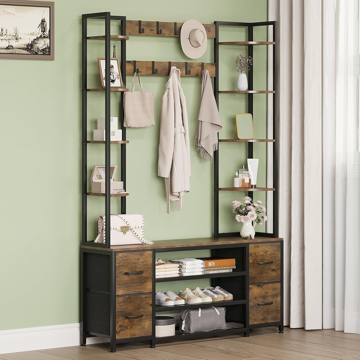 Large 5-in-1 Hall Tree Bench Coat Rack Shoe Storage Drawers Shelves 120x180cm
