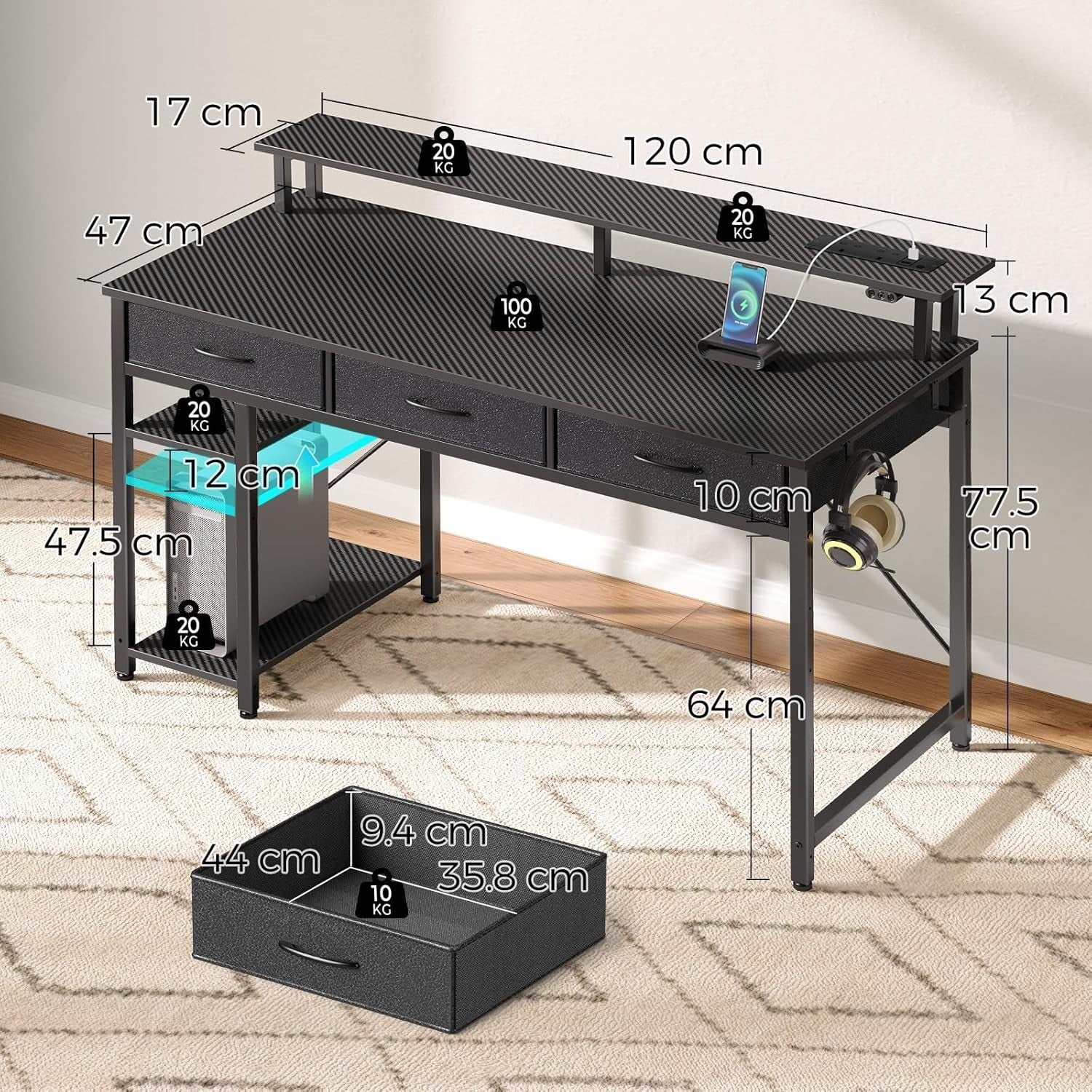 Black 120cm Computer Desk with Drawers, LED Lights & Power Outlets
