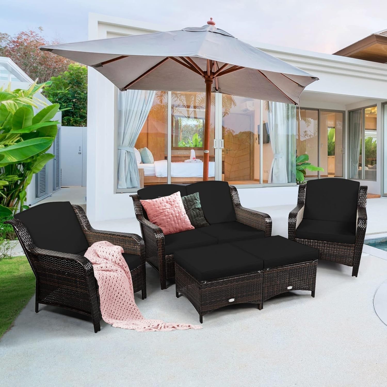 5-Piece Outdoor Patio Rattan Sofa Set - Weatherproof Garden Conversation