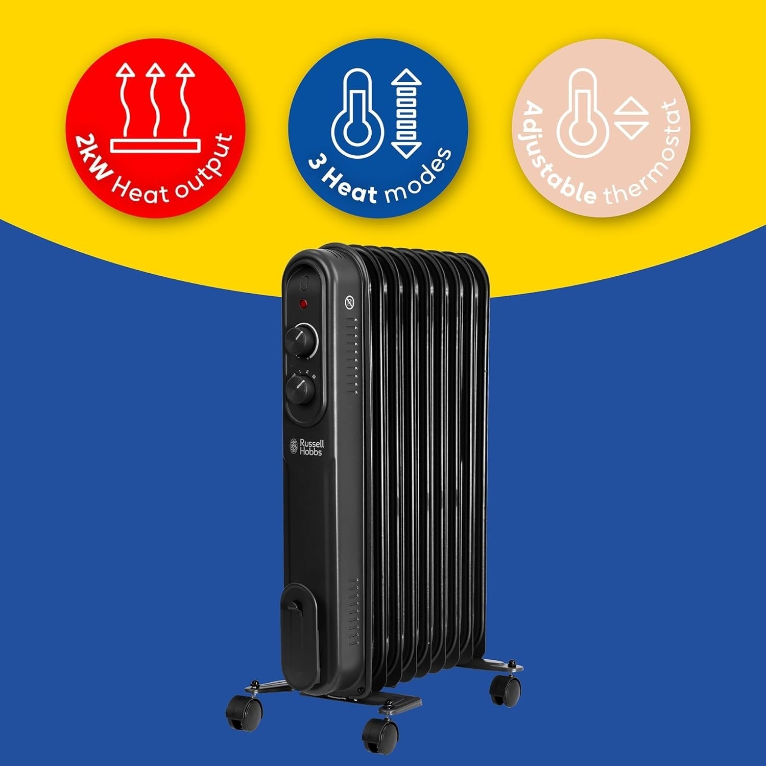 2000W 9-Fin Oil Filled Portable Radiator Heater Black with Thermostat