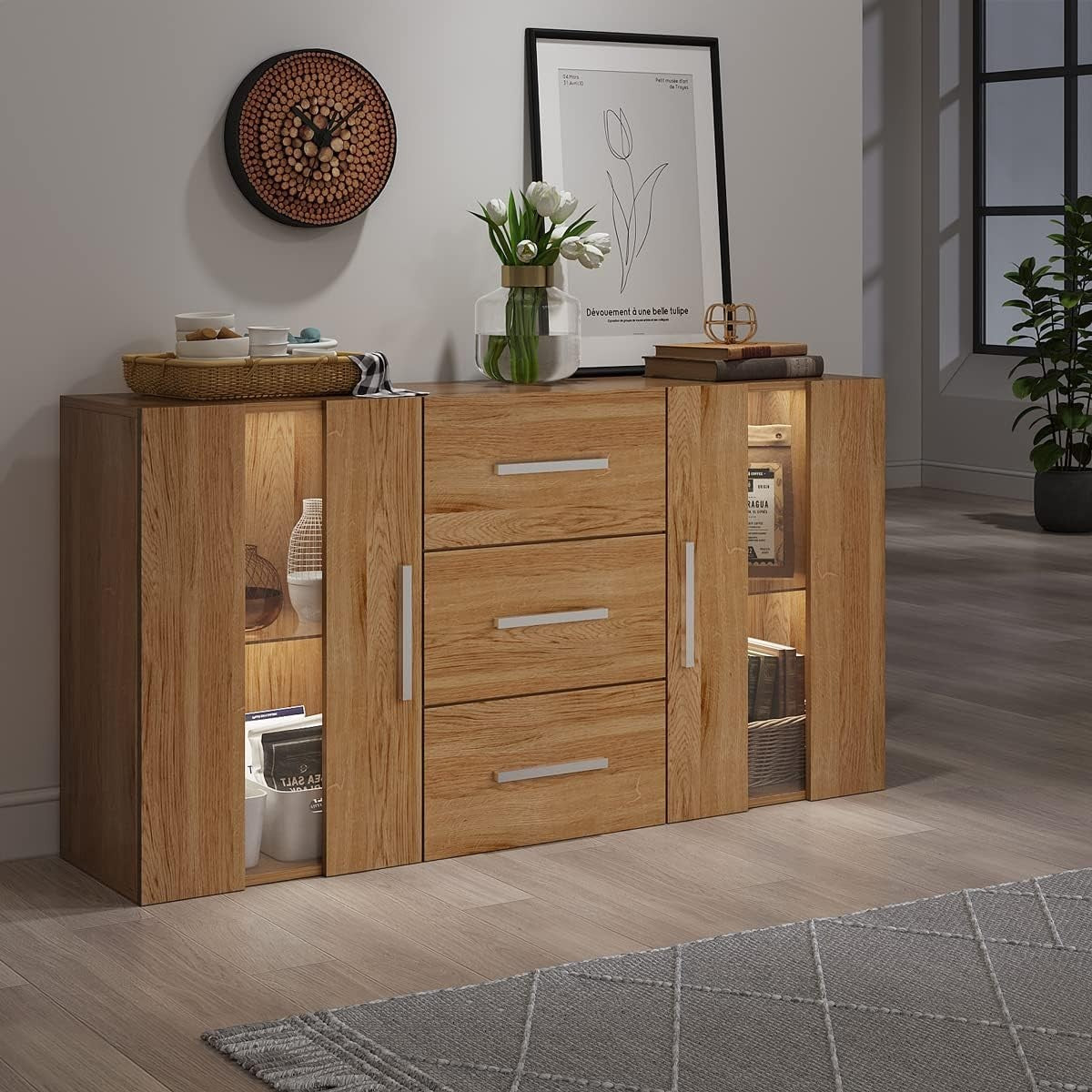 LED Sideboard Cabinet with Drawers, Glass Doors & Storage Lights, Oak