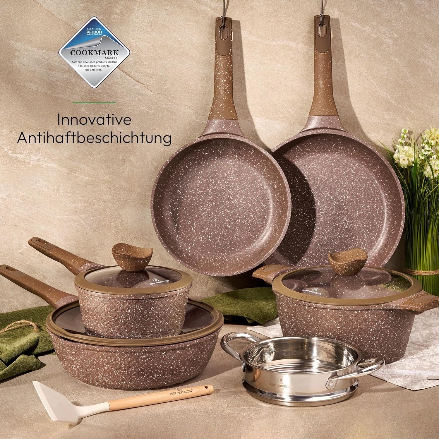 14pcs Brown Granite Non Stick Cookware Set Induction Safe Pot and Pans with Lid